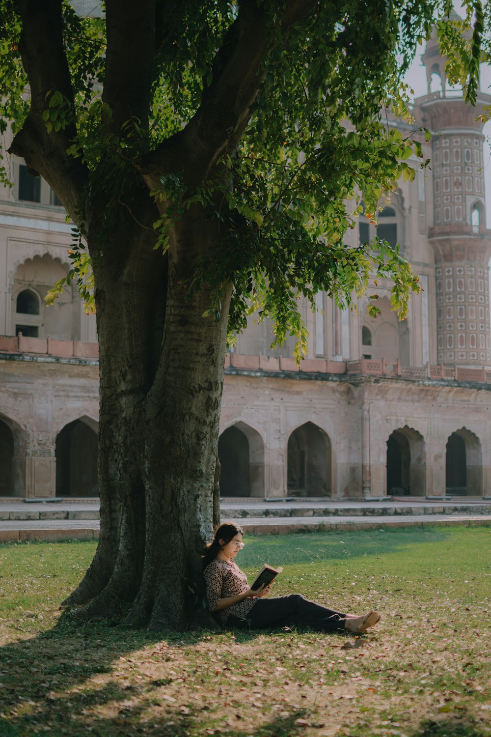 a woman sitting under a tree reading a book