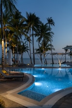 Luxurious swimming pool illuminated by ambient lights next to tall palm trees with a view of the ocean under a clear evening sky.