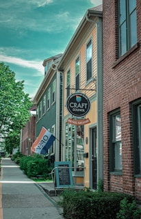 A quaint street scene featuring a row of colorful buildings, including a craft council retail gallery with a sign and an open flag. The sidewalk is lined with well-maintained bushes and trees, under a bright sky with wispy clouds.