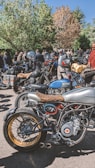 A group of people gathered around various motorcycles in an outdoor setting with lush trees in the background. The motorcycles, including both modern and vintage styles, are parked close together. People are dressed casually, some wearing helmets and gear.