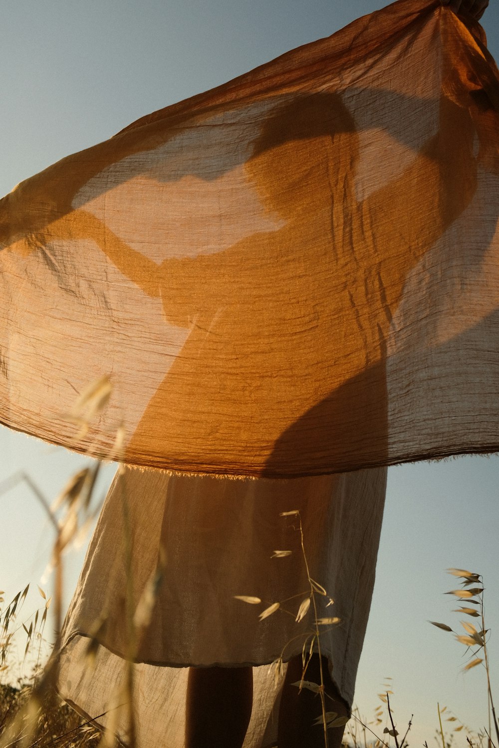 a woman standing in a field holding a scarf