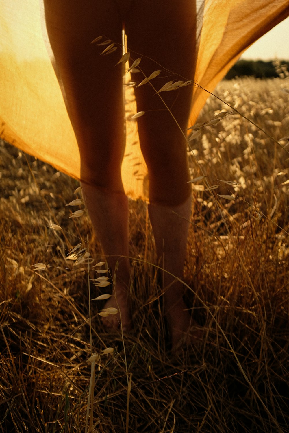 a person standing in a field with a yellow sheet