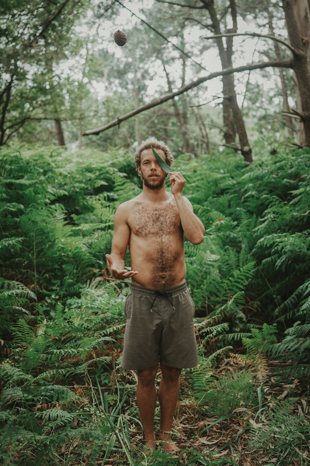 a shirtless man standing in the middle of a forest