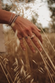 A hand adorned with bracelets and a ring gently touches tall, dry grasses in a field. The hand has a few small tattoos, and the scene conveys a sense of connection with nature.