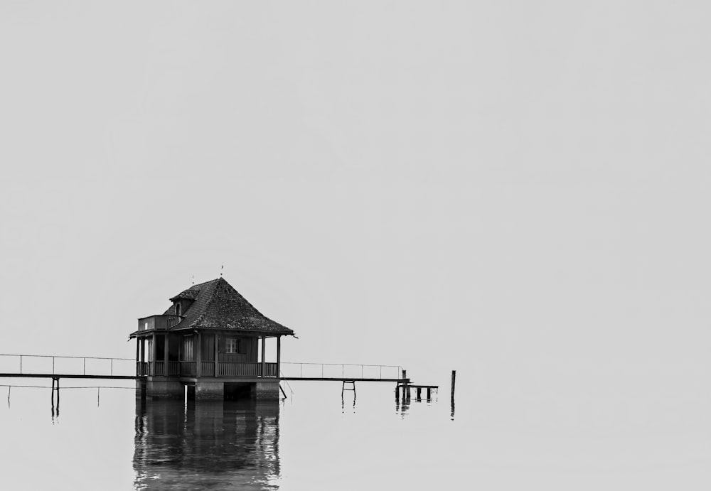 a black and white photo of a pier