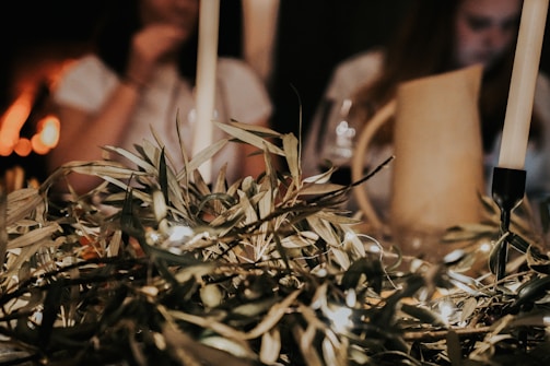 Guests enjoying a cozy night with olive green accents and golden candlelight at the restaurant.