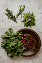 Close-up of fresh produce from a local farm arranged artfully on a crisp parchment background.