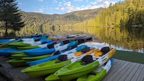 Several colorful kayaks are neatly lined up on a wooden dock beside a calm lake. The lake reflects the surrounding lush green forest and the blue sky, creating a serene and picturesque scene. The dense forest extends to the hills in the background, providing a sense of tranquility and natural beauty.
