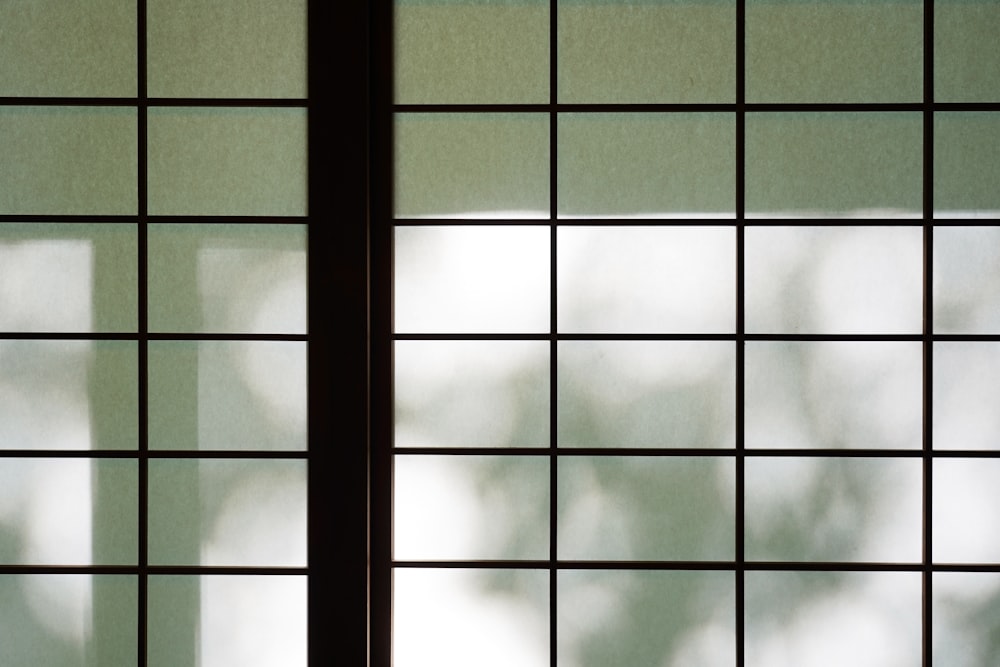 a close up of a window with a tree in the background