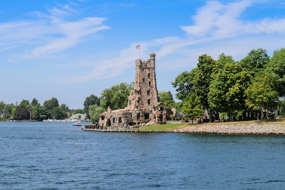a castle like structure sitting on the shore of a lake