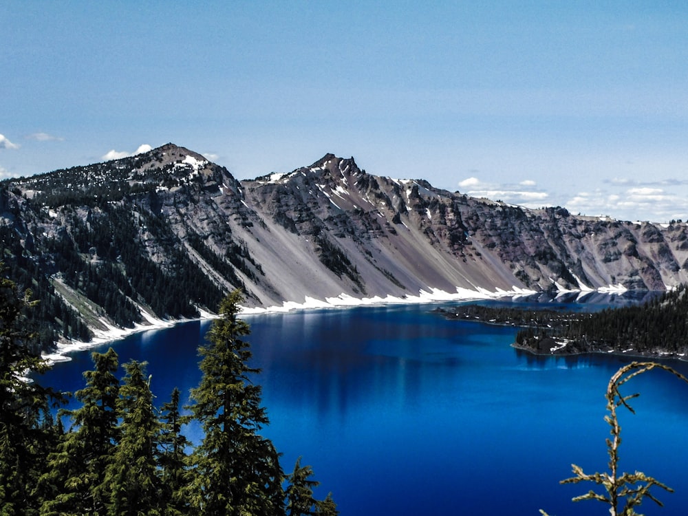 a blue lake surrounded by mountains and trees