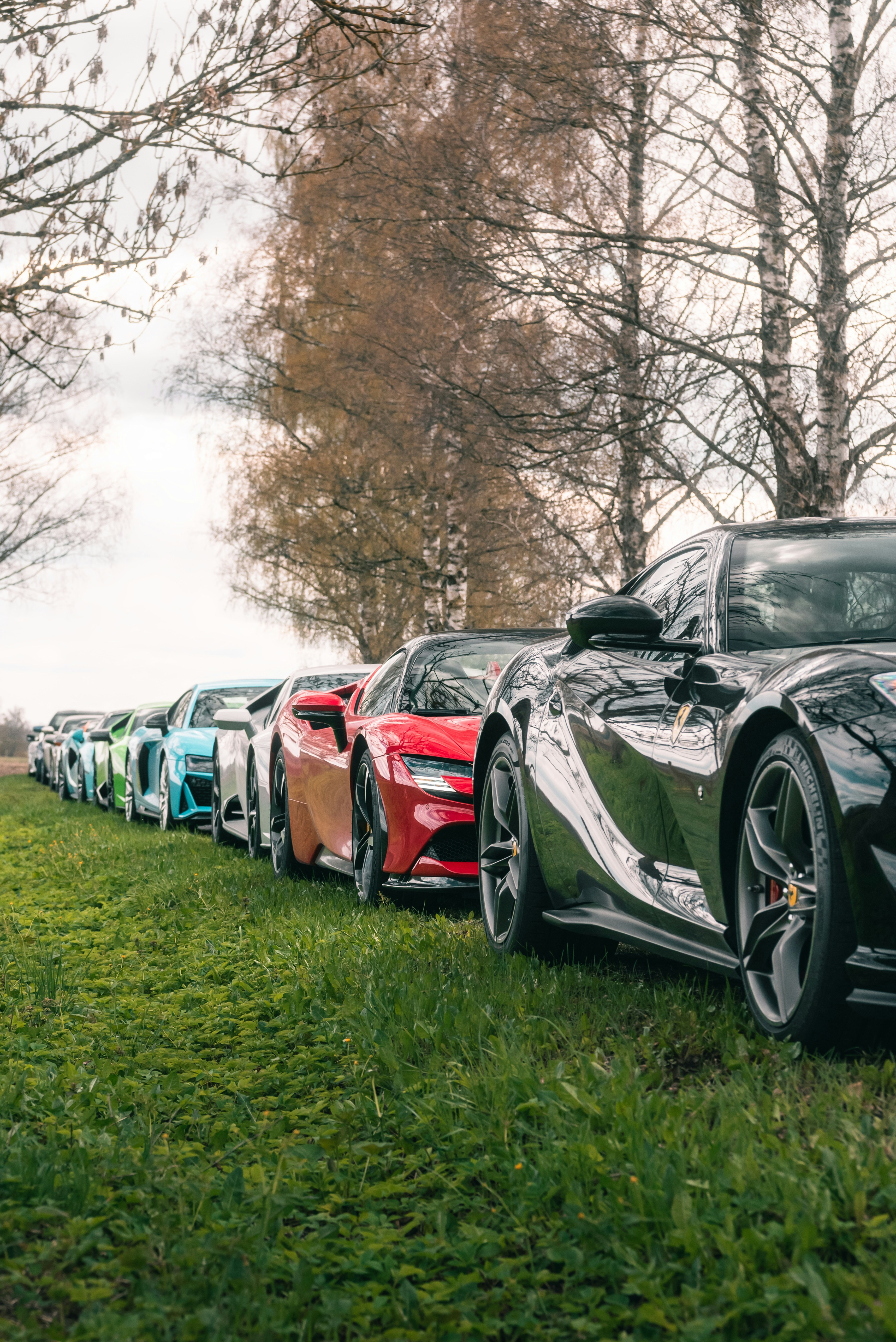 A row of sports cars parked on a grass covered field photo