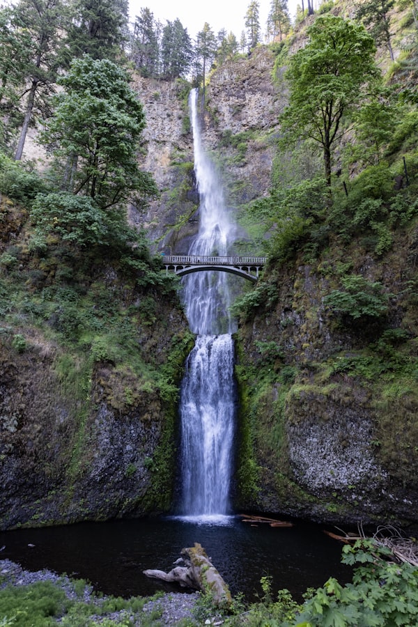 Multnomah Falls with stone bridge, Columbia River Gorge, Oregon, black and white
