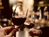 People enjoying a wine tasting event with glasses raised in a cozy room.