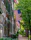 Charming Greenport street with historic homes and a happy couple shaking hands with a real estate agent.