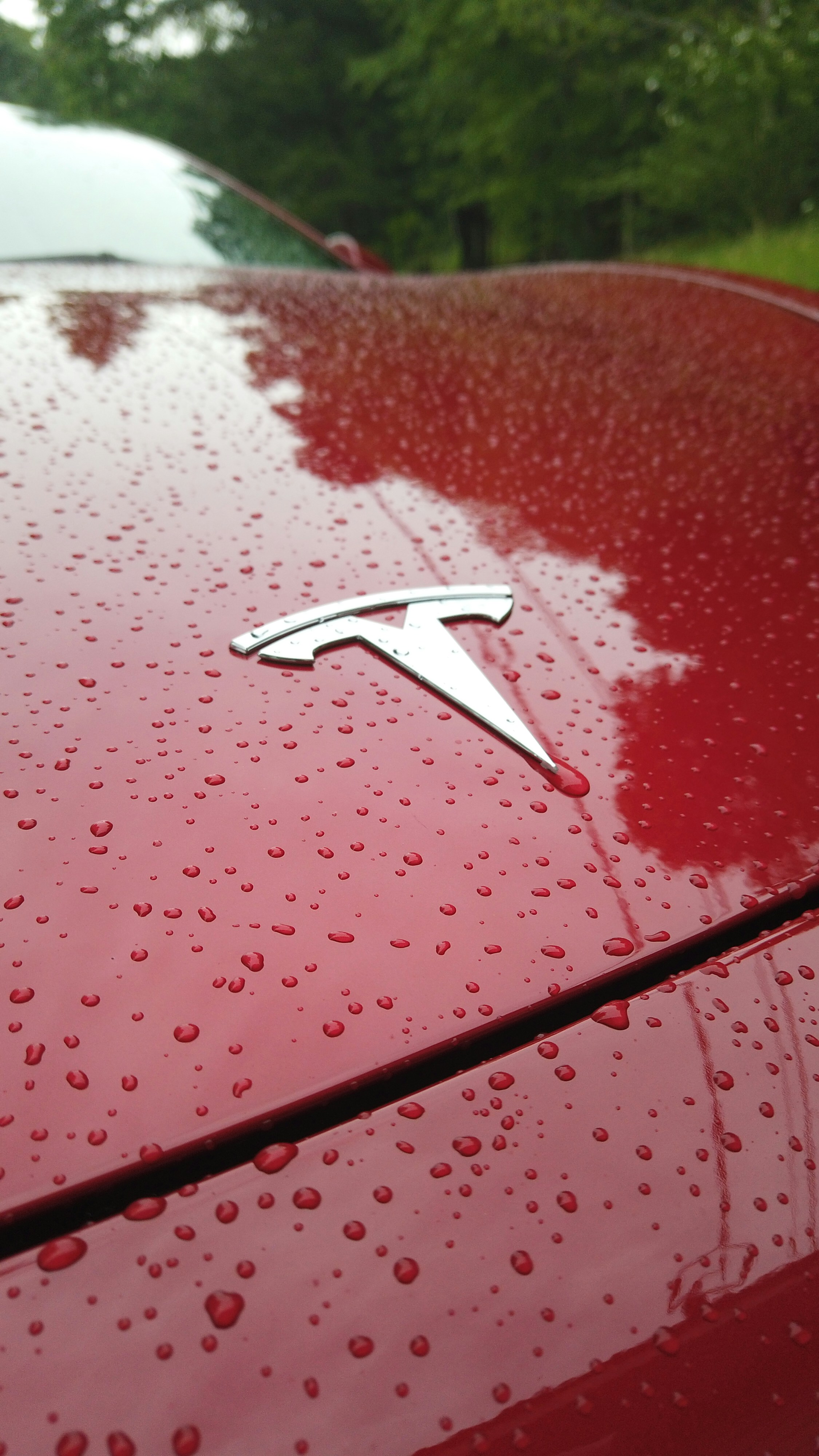a close up of the hood of a red car
