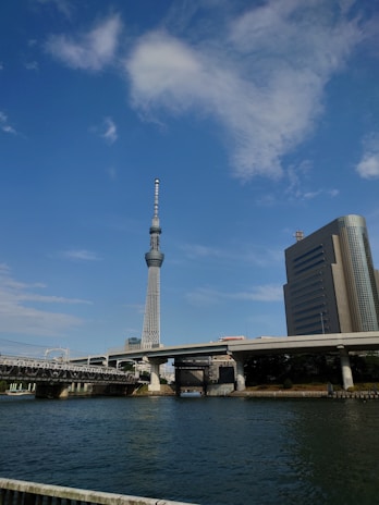 A tall, modern telecommunications tower rises into a clear blue sky, surrounded by contemporary buildings and a river in the foreground. A bridge extends over the water, adding an urban architectural element.