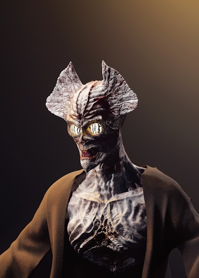 A detailed 3D creature with intricate textures and lifelike features in a dark fantasy setting.