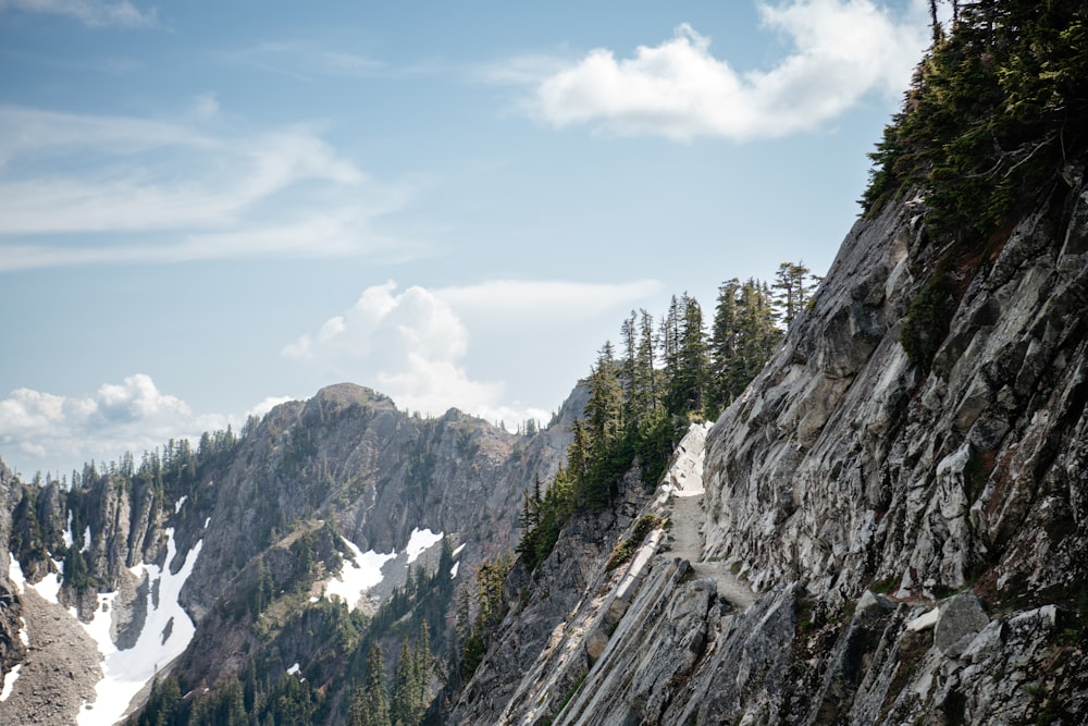 a view of a rocky mountain with trees on the side