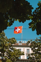 a flag flying in front of a tall building