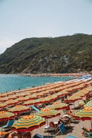 A group of colorful beach umbrellas shading a lively seaside picnic