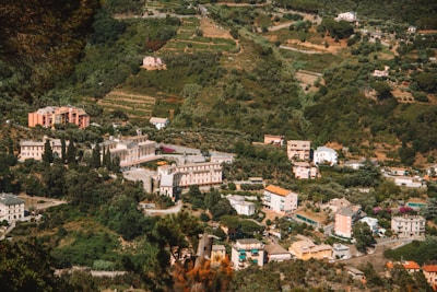 An aerial view of a rural landscape with several buildings of various sizes scattered across a hilly terrain. The area is lush with greenery, including trees and shrubbery, and the buildings are surrounded by gardens and small plots of cultivated land.
