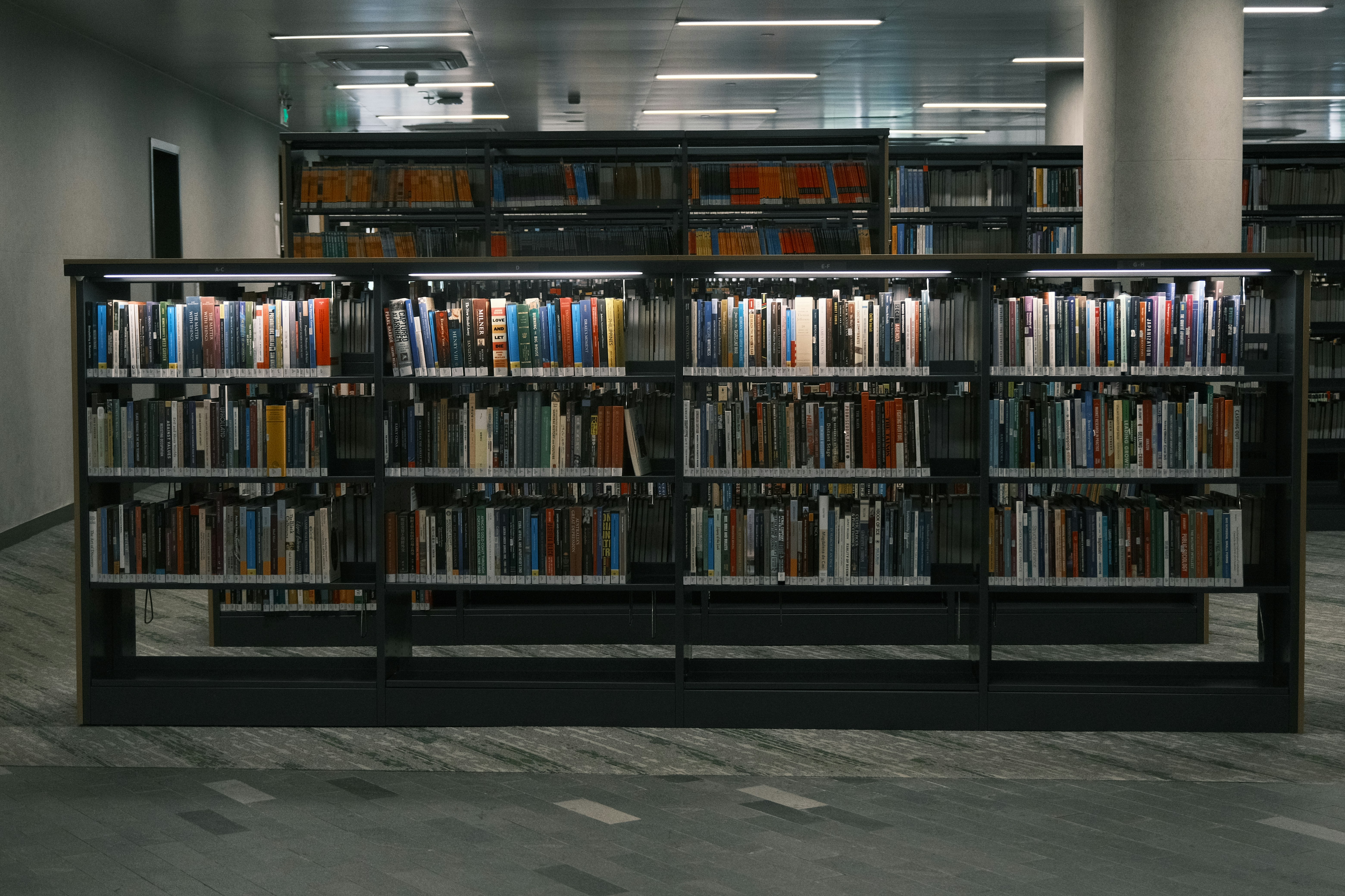 Row of bookshelves with lots of books