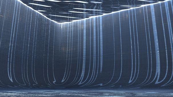 A sleek office environment bathed in deep blue ambient light with subtle sound wave visuals.