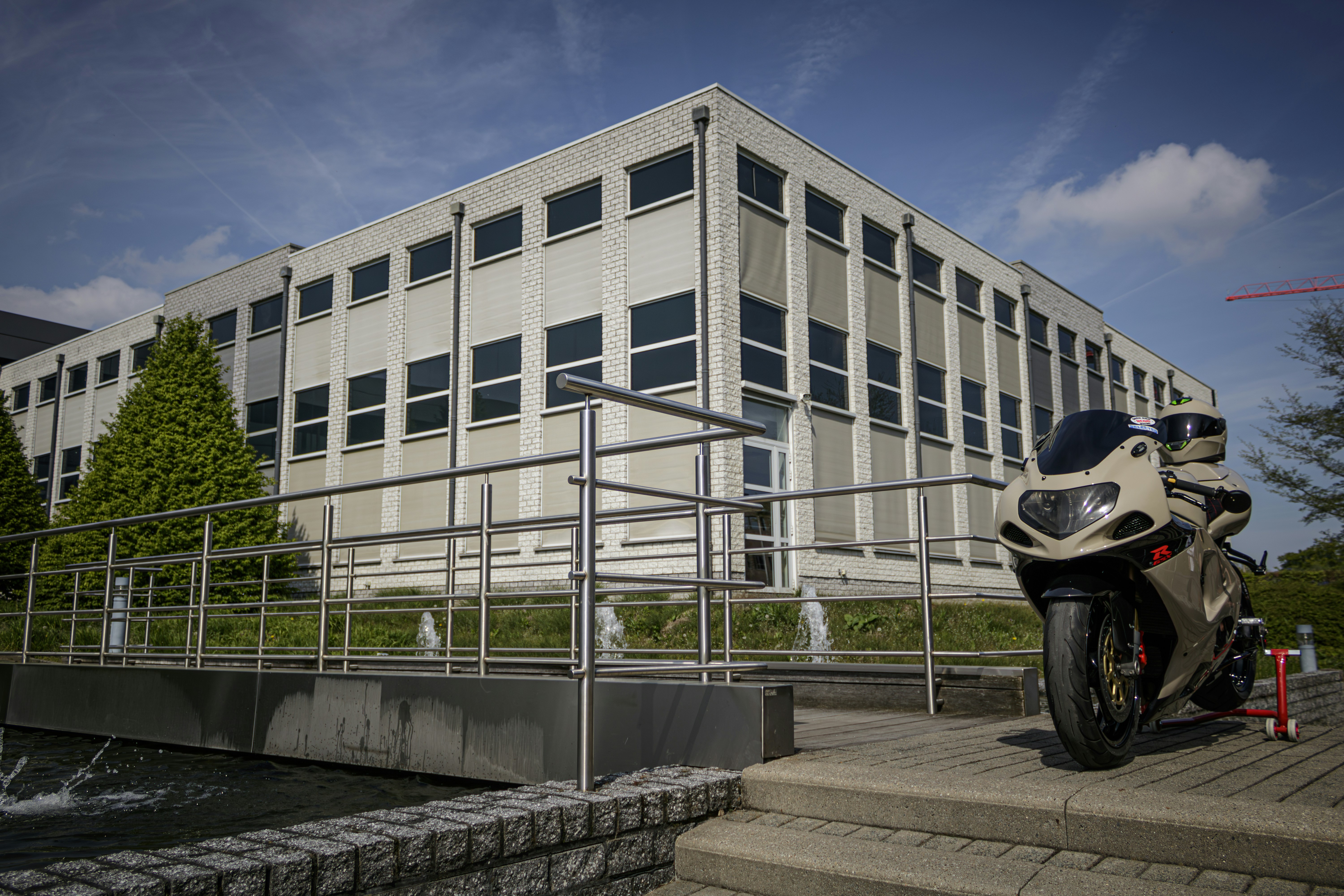 a motorcycle parked in front of a building
