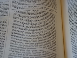 An open book with a close-up view of the text on its pages. The text is structured in paragraphs with justified alignment. It features a formal tone, possibly indicating a passage from a religious or historical context.