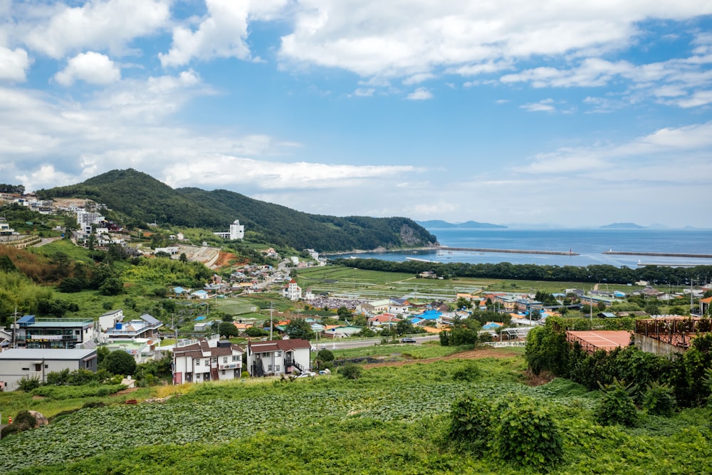 a scenic view of a small town on a hill