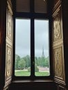 Window view showing nearby green park area.