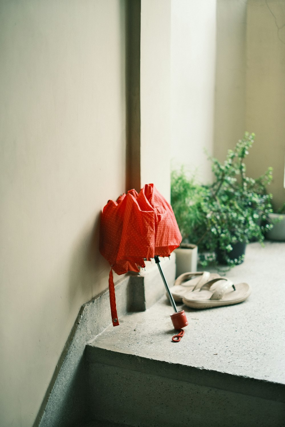 a red umbrella sitting on the side of a building