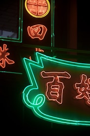 Neon signs with Chinese characters are illuminated in vibrant colors against a dark background. The signs feature a mix of red, green, and yellow hues with distinct outlines and strokes.