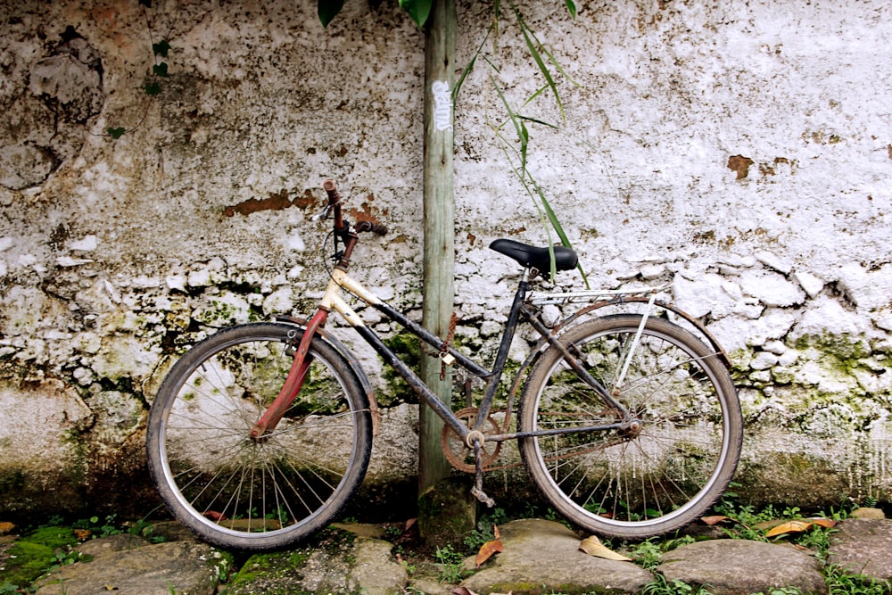 a bicycle leaning against a tree in front of a wall