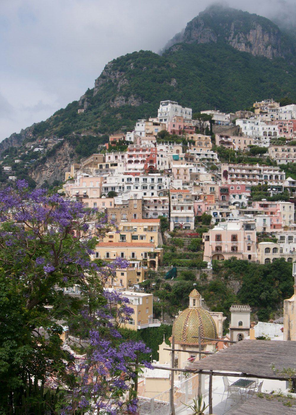 a view of a city with a mountain in the background