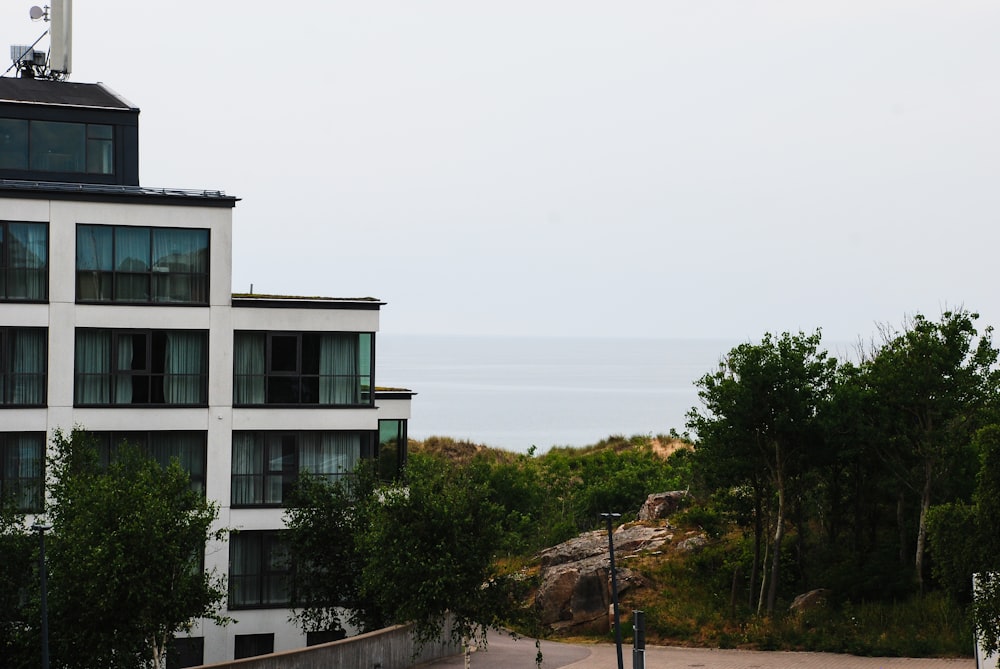 a view of the ocean from a high rise building