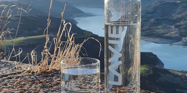 A clear glass bottle and a glass of water are placed on rocky terrain with dried grass around. In the background, there is a scenic view of a river or lake winding through mountains under a clear sky.
