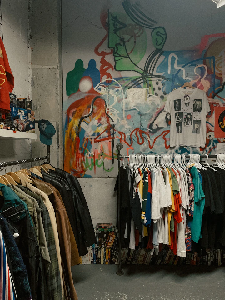 a room with a bunch of shirts hanging on a rack