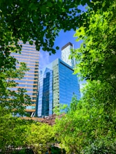 a park with a bench, trees, and buildings in the background