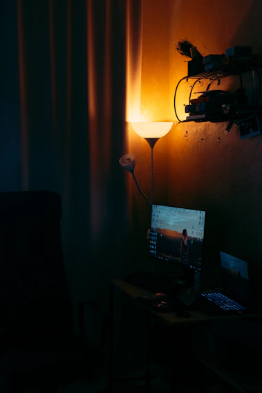 A calm, inviting home office setup with soft lighting and a comfortable chair, reflecting a welcoming therapy space.