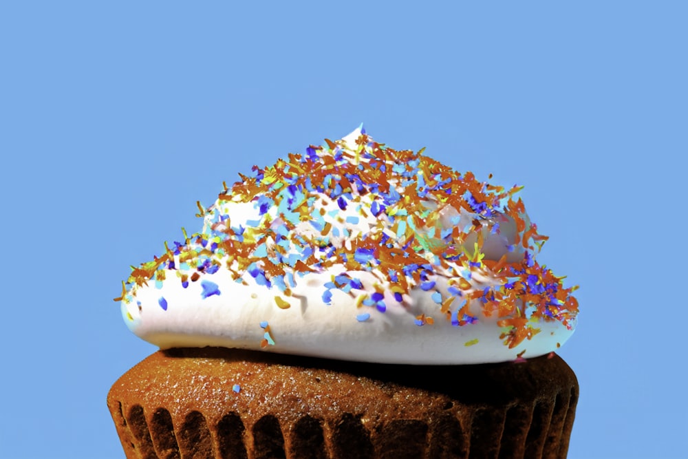 a chocolate cupcake with white frosting and sprinkles