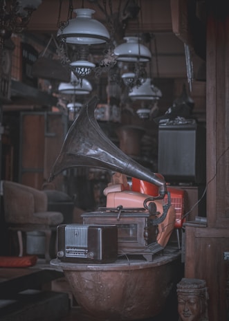 A collection of vintage items including an antique gramophone with a large horn speaker, an old-fashioned radio, and various other retro objects. The setting appears to be a dimly lit room filled with vintage decor such as hanging lamps and an old statue.
