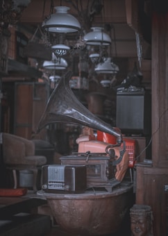 A collection of vintage items including an antique gramophone with a large horn speaker, an old-fashioned radio, and various other retro objects. The setting appears to be a dimly lit room filled with vintage decor such as hanging lamps and an old statue.