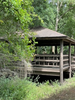 A wooden pavilion surrounded by lush green foliage in a forest setting. The structure features wooden posts and railings with a timber roof, partially obscured by overhanging branches and leaves. The scene is tranquil and shaded with abundant vegetation growing around and below the pavilion.