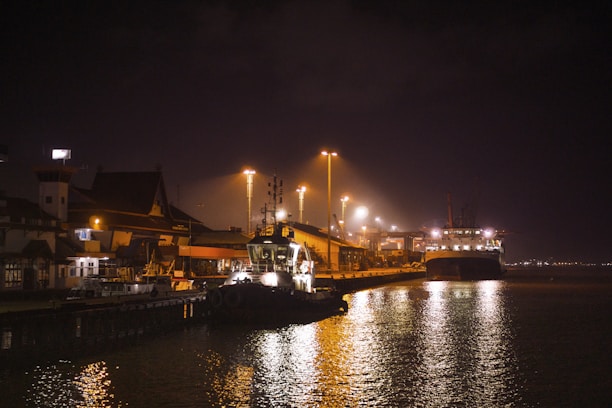 a night scene of a harbor with a large ship in the distance
