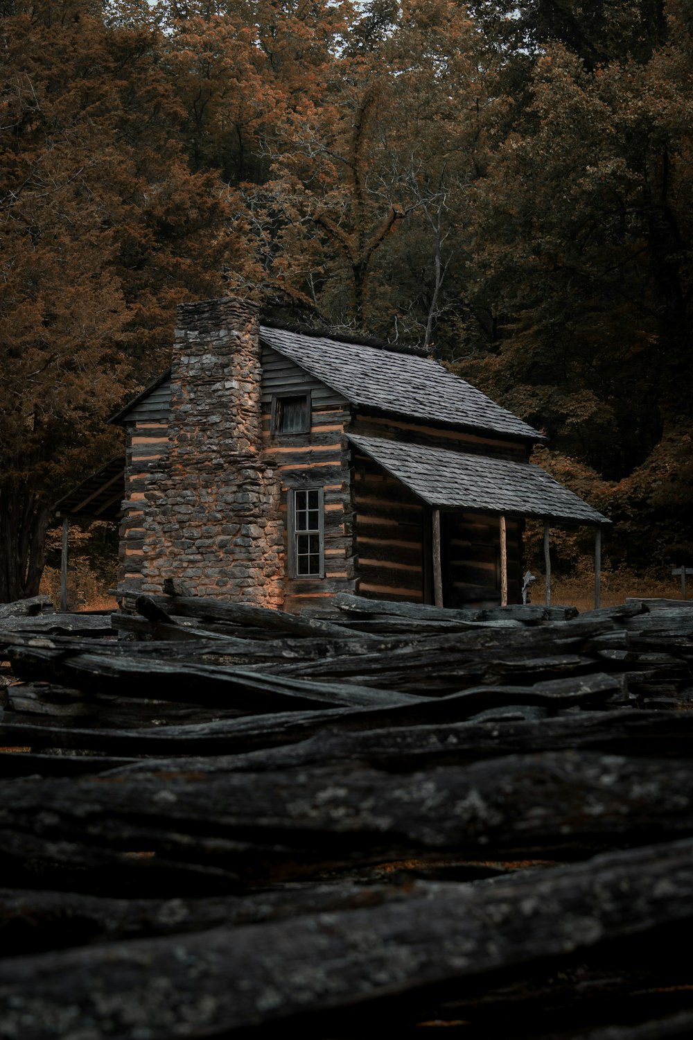 a log cabin in the woods with trees in the background