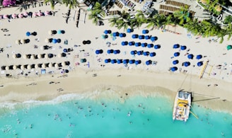 An aerial view of a beach with rows of colorful umbrellas and sunbeds. Palm trees line the back of the beach, and a catamaran is docked on the shore. The turquoise water has people swimming and playing near the shoreline.