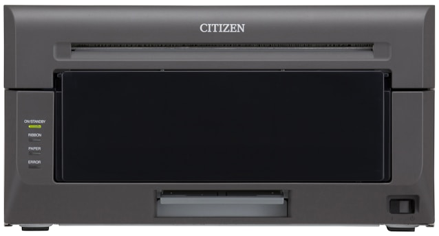 A professional printer with a dark gray exterior and simple design. The front panel features various indicator lights labeled On/Standby, Ribbon, Paper, and Error. The brand name 'Citizen' is displayed prominently at the top.