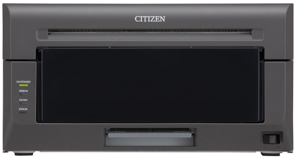 A professional printer with a dark gray exterior and simple design. The front panel features various indicator lights labeled On/Standby, Ribbon, Paper, and Error. The brand name 'Citizen' is displayed prominently at the top.